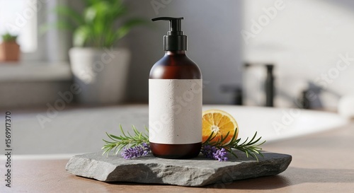 Amber glass pump bottle with blank label on stone mockup, herbs, and orange in bathroom concept for natural product packaging.