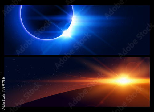 Sunrise or sunset horizon, moon eclipse with sparks and halo effects vector illustrations set, glowing space planets