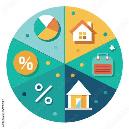 Abstract and colorful infographic showing percentage pie chart housing and healthcare elements