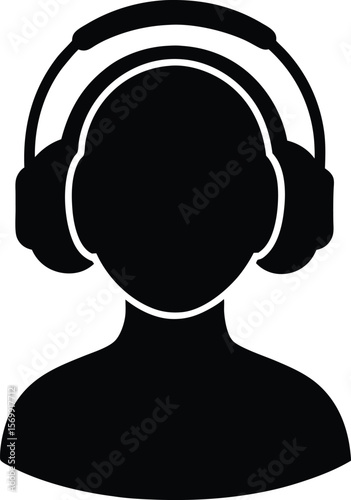 black silhouette of podcast listener with headphon.eps
