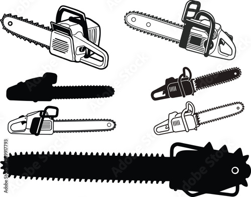 Chainsaw Silhouette Vector Clipart, Black and White Cutting Tool Image.