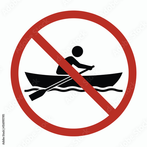 Red prohibition symbol over person rowing boat on water no boating