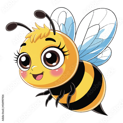 Adorable Cartoon Bee Illustration, Happy Expression, Big Eyes, Yellow and Black Stripes, Cute Style, Childlike, Friendly,  Perfect for Children's Products.