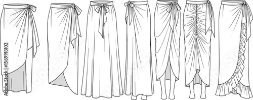 Collection of flat technical fashion drawings of various women's wrap skirts, midi, maxi, ruffled, tie-waist, beachwear, summer, casual, elegant, detailed.