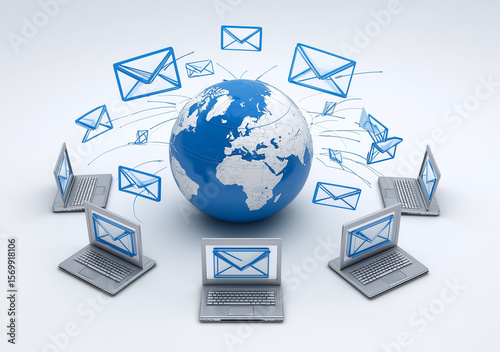 A globe surrounded by laptops with blue envelopes floating above them,