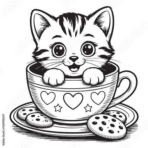 Adorable cartoon kitten nestled in a heart-decorated teacup with chocolate chip cookies; black and white, whimsical, charming illustration.