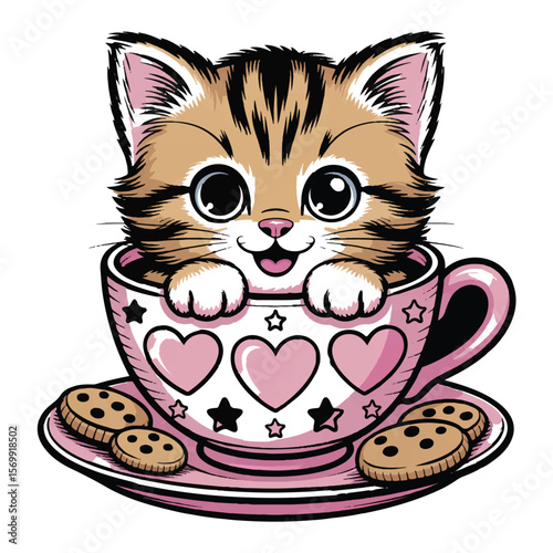 Adorable cartoon kitten nestled in a pink heart-decorated teacup with chocolate chip cookies.