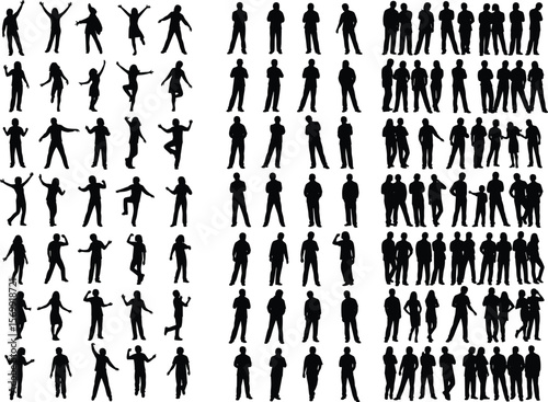 Large collection of diverse people silhouettes in various poses and groups, celebrating, interacting, standing, dynamic, active, isolated on white, black .