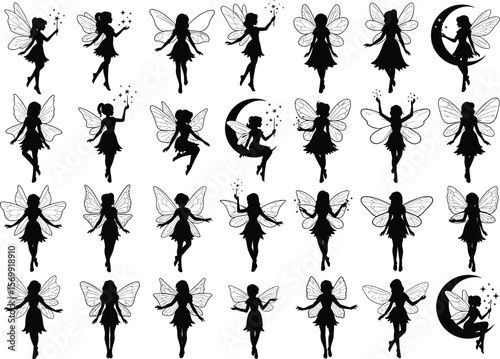 Magical collection of whimsical fairy silhouettes with sparkling wings, moon, and wands, fantasy, enchanting, mystical, dreamy, isolated on white, black and white, vector illustration, flat.