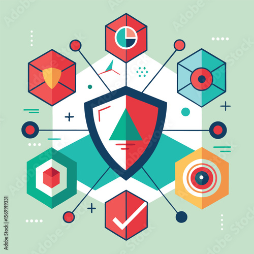 Abstract graphic depicting data protection and security with geometric shapes and shield as a focal point.