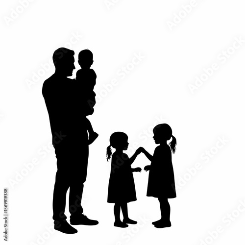 Silhouette of a Father with Three Children A Family Portrait in Black and White