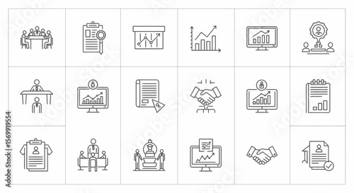 Business Growth Strategy Icons  Meeting, Teamwork, Analysis, Progress, and Success Visualization