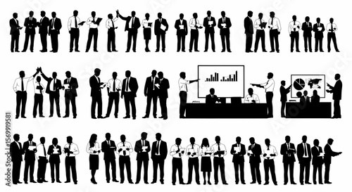 Collection of Diverse Business Professionals Silhouettes Teamwork, Meetings, Presentations, and Collaboration