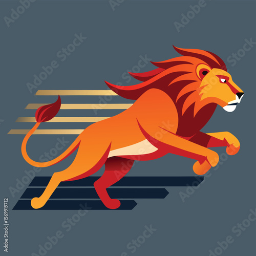 A vibrant vector cartoon illustration of a running red lion, a funny farm animal design with a flowing mane and tail