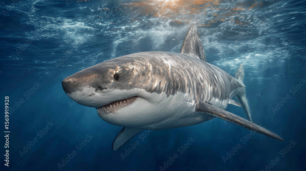 Naklejka premium Apex Predator: A majestic Great White Shark glides through the deep blue ocean, its powerful form embodying the raw essence of marine dominance. 