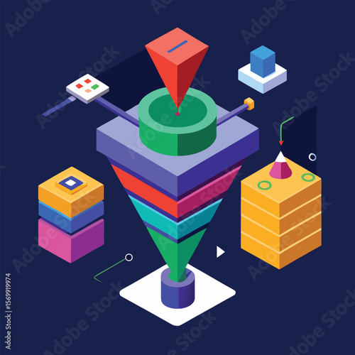 Abstract isometric diagram representing a data flow process with multiple colorful data stages