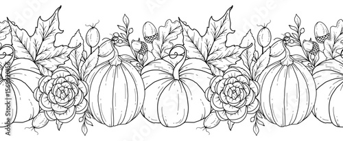 Wallpaper Mural Seamless Fall Border with Leaves, Pumpkins, Acorns and Flowers. Seamless Horizontal  Fall Background. Autumn Line Art Drawing. Fall Flower Design. Fall Botanical garland seamless. Border Frame Torontodigital.ca