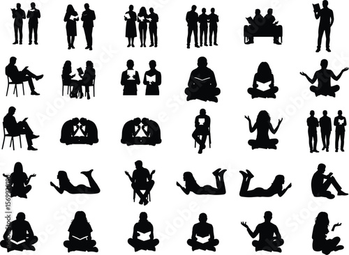 A diverse collection of people silhouettes engaged in various activities like reading, business, and children playing, representing education, professionalism, and joyful childhood moments.