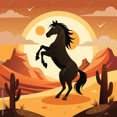 Wild black mustang stallions gallop across the isolated desert and along the beach, depicted as a stunning vector art silhouette