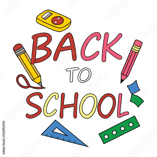 Colorful back to school text surrounded by pencils and rulers
