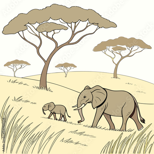 Wild elephants, majestic mammals with prominent trunks and tusks, roam freely in their natural forest and safari habitats, often seen at sunset with their families