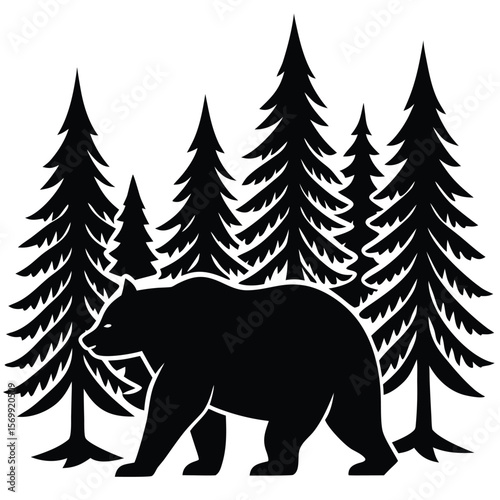 Bear walking through forest trees in a wild nature illustration