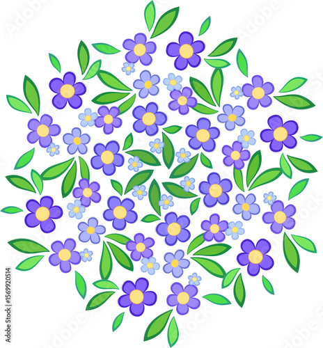 Cozy summer mandala. Bouquet of flowers and leaves in boho style. Flowers in shadows of purple. Romantic graceful floral illustration. Delicate spring round ornament