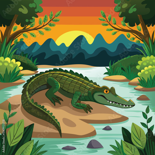 A cute, funny cartoon green crocodile vector illustration, whether in the water, grass, or river, captures the wild reptile's playful character