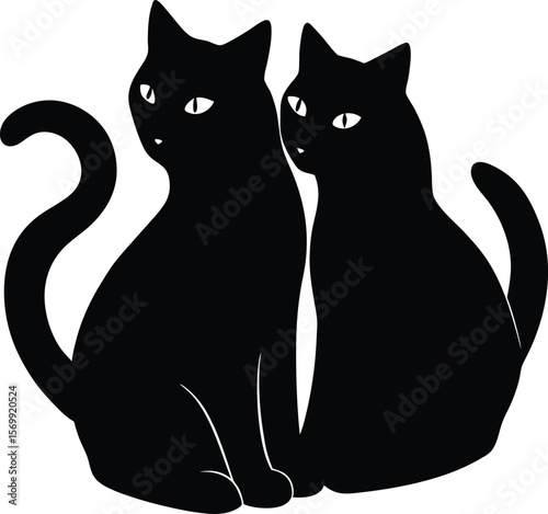black silhouette of two cats cuddling on white bac.eps