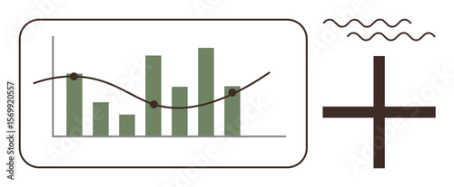 Green bar chart with trendline, decorative wavy lines, and a plus sign signaling positive direction. Ideal for data, analytics, growth, performance, success trends finance. Simple flat metaphor
