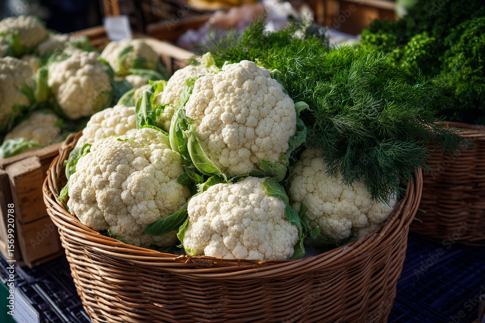 Obraz premium Fresh Cauliflower Heads in Woven Basket