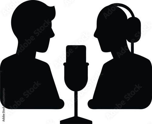 black silhouette of two people podcasting on white (1).eps