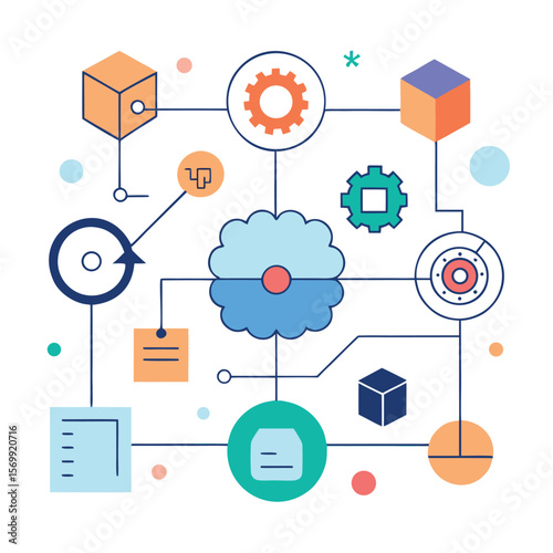 Abstract networked diagram illustrating connection and integration of data and technological elements in modern digital systems
