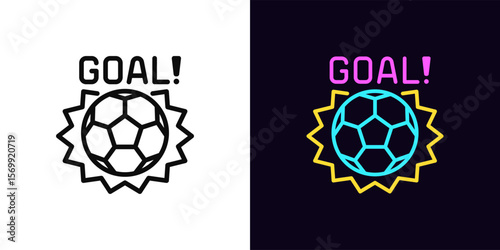 Outline goal icon, with editable stroke. Soccer ball hit with text Goal, football game icon. Soccer tournament, football match, kick ball and score, goal time, sport game, win penalty. Vector icon