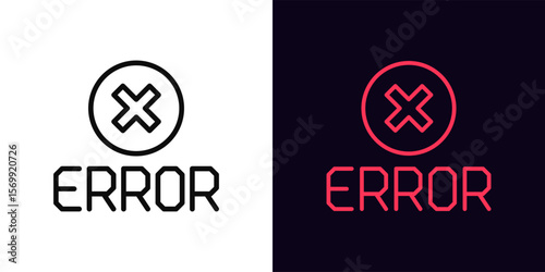Outline error message icon, with editable stroke. Error text with warning cross icon, system failure. Technical error caution, incorrect data notification, wrong request, system crash. Vector icon