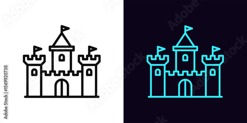 Outline medieval castle icon, with editable stroke. King castle with towers and flags, ancient fortress icon. Fairytale palace, chateau building, knight castle, medieval kingdom. Vector icon