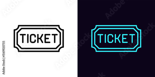 Outline ticket icon, with editable stroke. Cinema ticket with text, digital pass icon. Entrance ticket to sport event or music performance, party admission, early game pass, gift coupon. Vector icon