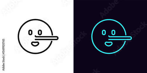 Outline liar emoji icon, with editable stroke. Lie emoticon with long nose, deceiver emoji. Liar face with big nose, say untruth, deceiver emoticon, fake truth and deception, tell false. Vector icon