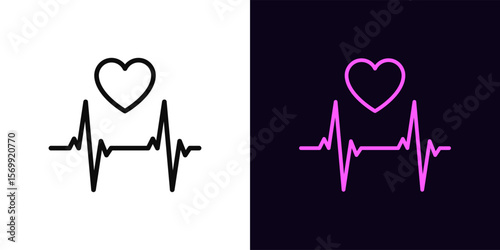 Outline heart rate icon, with editable stroke. Heart rhythm icon, electrocardiogram graph. Heartbeat monitor, heart health care, pulse check, cardiogram data, sport cardio workout. Vector icon