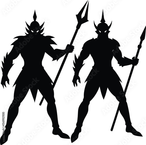 black silhouette of warrior two pose on white back.eps