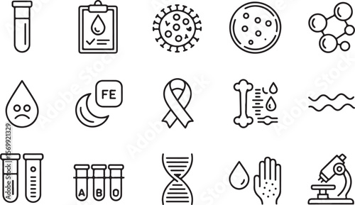 Blood Disorders Icons. Outline icon set of blood disorders awareness: sickle cell, anemia cell, leukemia ribbon, clotting disorder.Blood bank line icon set. Group of object.