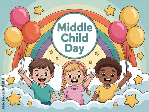 Middle Child Day with Cheerful Kids and Colorful Balloons