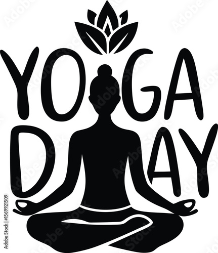black silhouette of yoga day text and posture icon.eps