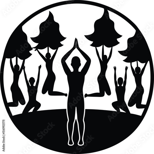 black silhouette of yoga group outdoors in park on.eps