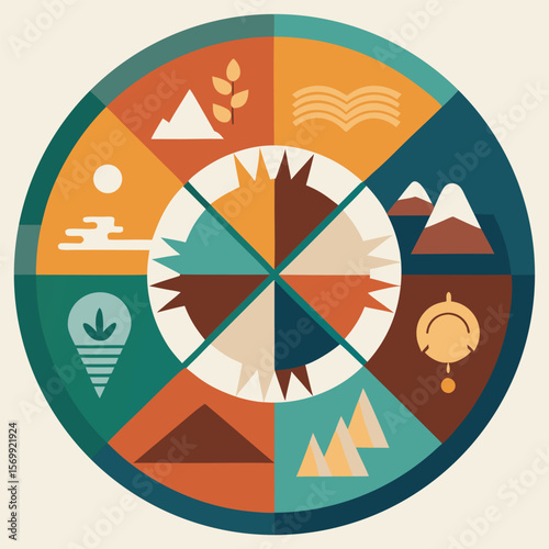 Colorful abstract circular design featuring symbolic elements representing landscapes and nature in a geometric style