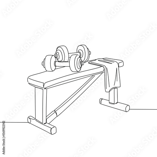 Dumbbells on bench near towel in minimalist line art style  