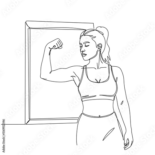 Woman flexing muscles in mirror showcasing confidence and strength  