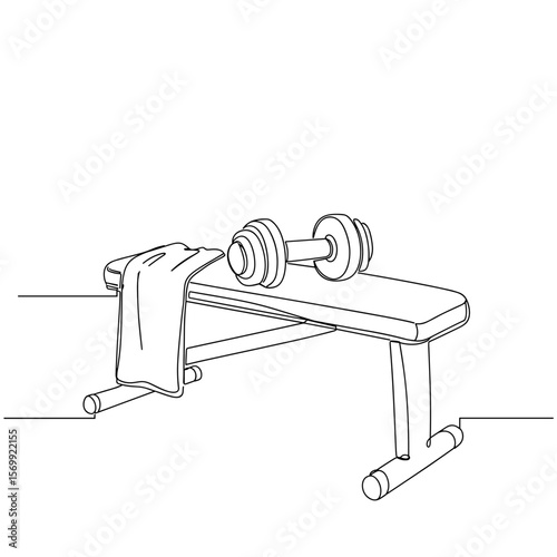 Dumbbells on bench near towel in minimalist line art style  