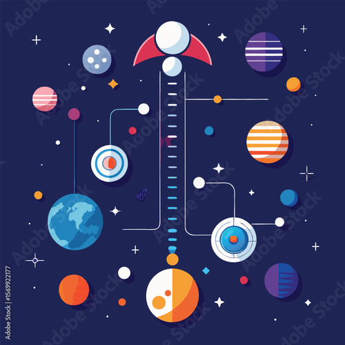 Colorful abstract illustration depicting space exploration with planets rocket and stars against a dark blue background