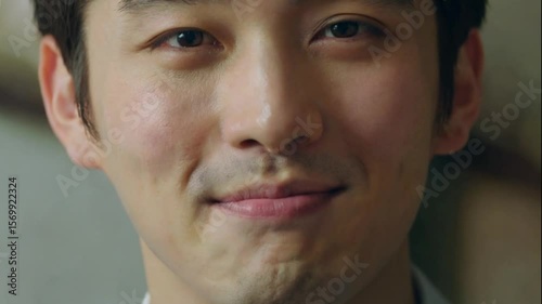 Close up of a smiling asian man showing his teeth and gums with a happy facial expression